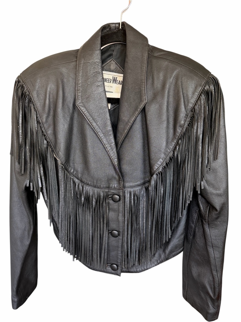 Vintage Pioneer Wear Black Lambskin Leather Fringe Jacket Western Moto Sz 10